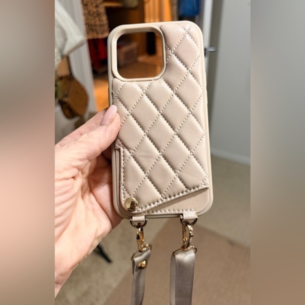 iPhone 14 Pro Lanyard Quilted Beige Phone Case with Gold Accents OnLY. Not Max